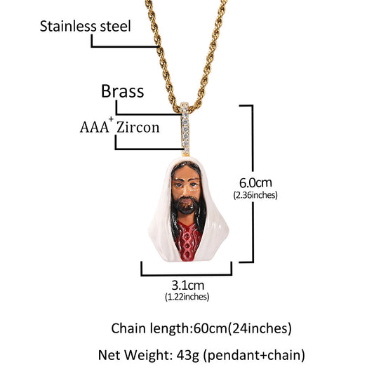 Men’s Hip Hop Enamel Jesus Pendant Necklace with Twisted Stainless Steel Chain, Gold Tone & White