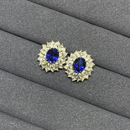 Blue Sapphire Necklace and Earrings Set, Lab-Grown Sapphire Halo Crystal Jewelry