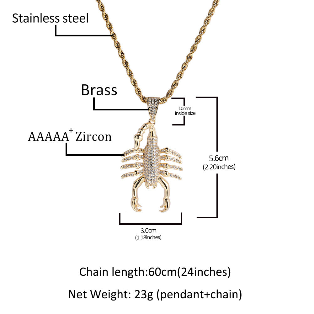 Iced Scorpion Pendant Necklace for Women and Men - Cubic Zirconia Animal Statement Chain in Gold or Silver Tone