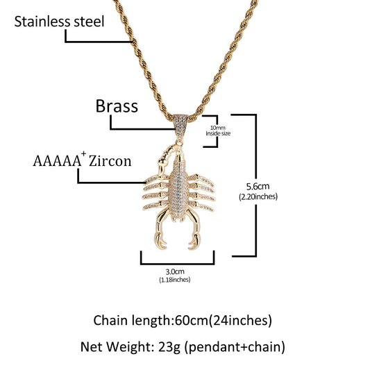 Iced Scorpion Pendant Necklace for Women and Men - Cubic Zirconia Animal Statement Chain in Gold or Silver Tone
