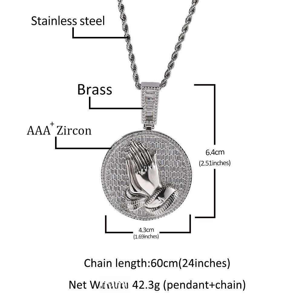 Iced Praying Hands Round Pendant Necklace with Cubic Zirconia Twist Chain for Women and Men