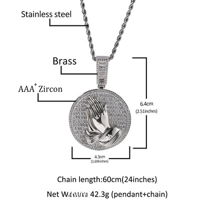 Iced Praying Hands Round Pendant Necklace with Cubic Zirconia Twist Chain for Women and Men
