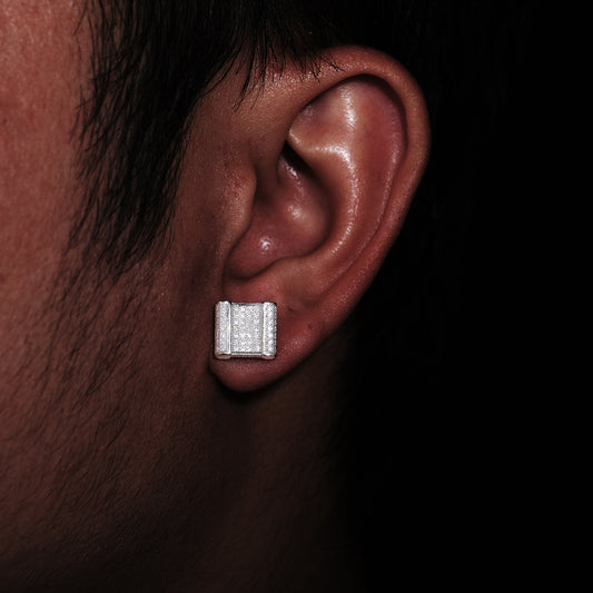 Unisex Iced Out Geometric Stud Earrings in Silver Tone with Moissanite Accent alternate product image