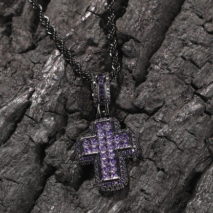Pink Cubic Zirconia Cross Pendant Necklace for Women with Silver-Tone Twisted Chain