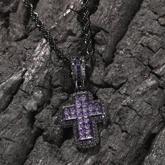 Pink Cubic Zirconia Cross Pendant Necklace for Women with Silver-Tone Twisted Chain