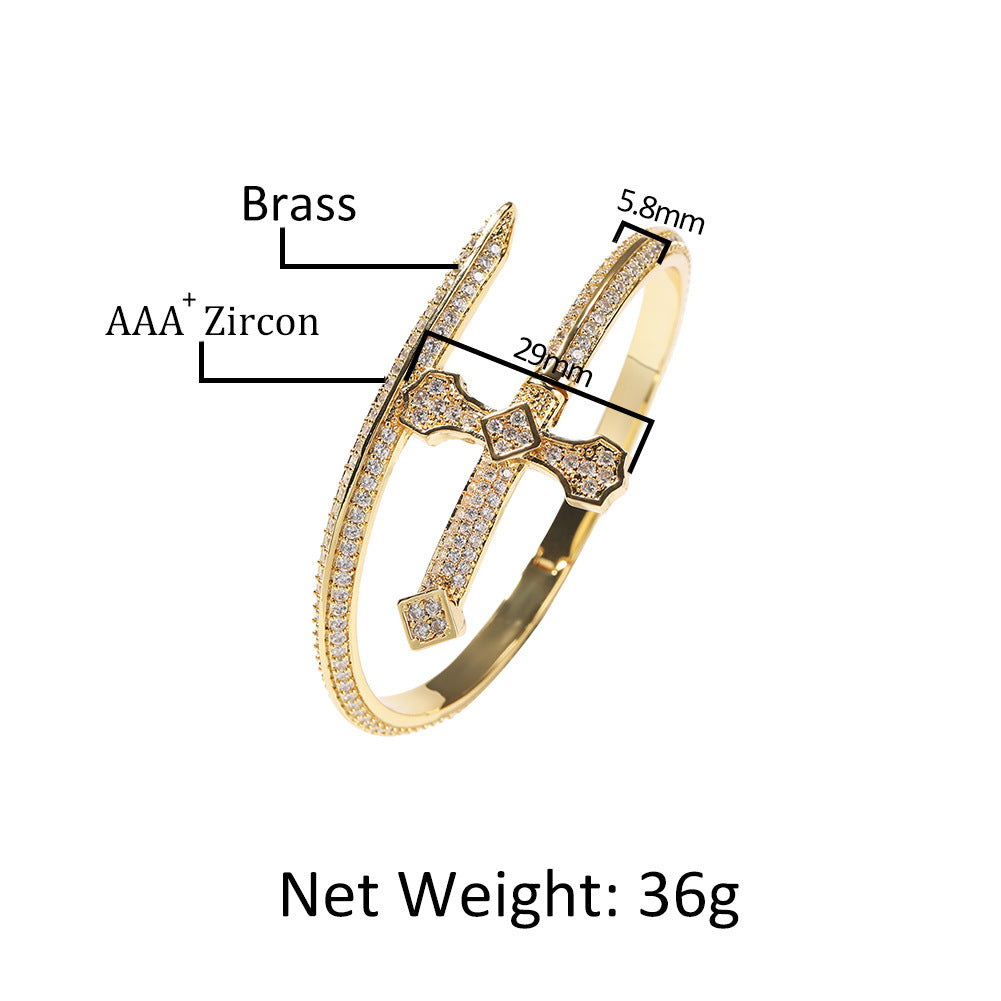 Iced Nail Bangle Bracelet for Women with Cubic Zirconia - Trendy Gold, Silver & Rose Gold Statement Chain Bracelet