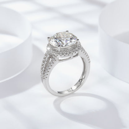 5 Carat Round Moissanite Halo Engagement Ring, Split Shank Pavé Style