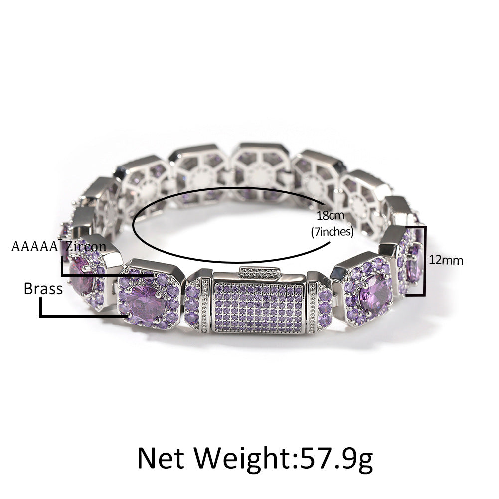 Unisex Silvery Square Link Cubic Zirconia Statement Bracelet - Pink, Purple or Yellow Stone Chain Bracelet