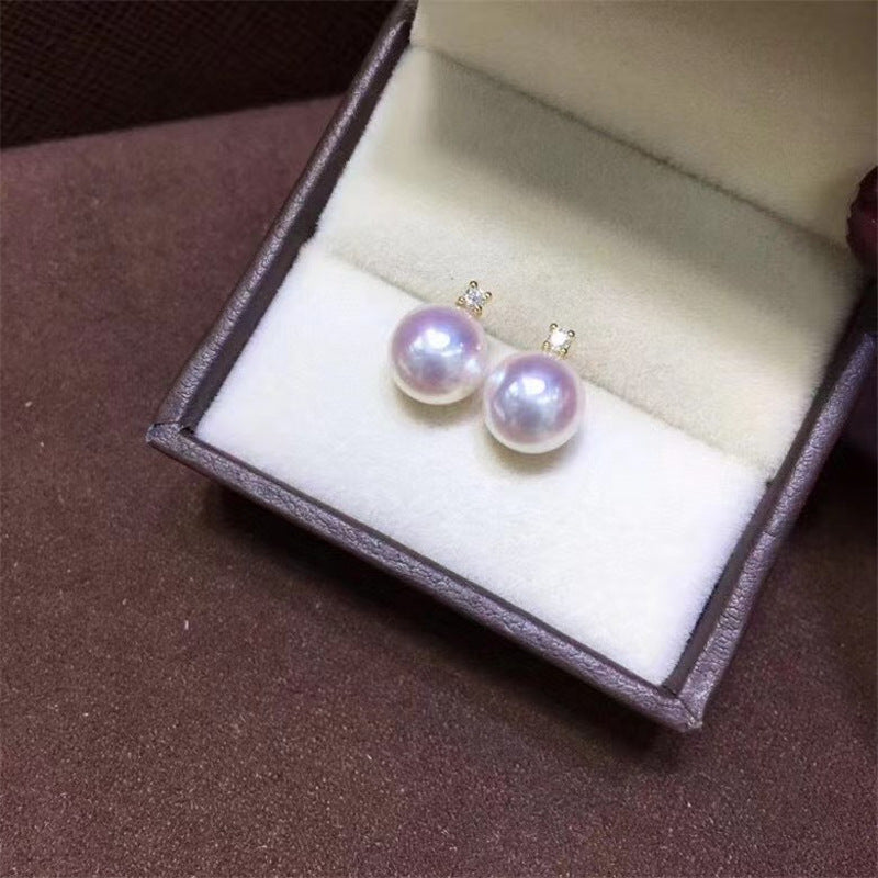 18K Gold Akoya Seawater Pearl Stud Earrings with Crystal Accent, 8-9mm / 9-10mm