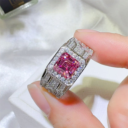 Men's Pink Asscher Cut Moissanite Ring with Halo Pavé Band