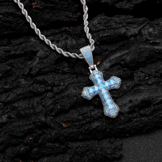 Hip Hop Light Luxury Cross Square Cubic Zirconia Pendant Necklace for Men and Women