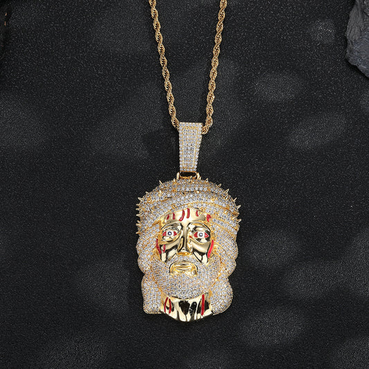 Iced Face Pendant Necklace, Hip Hop Cartoon Chain, White or Gold Tone
