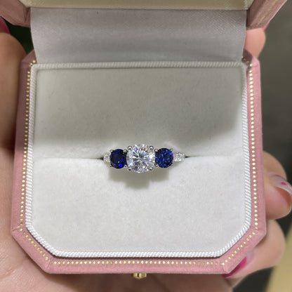 Three-Stone Moissanite Ring for Women, Blue Accent Engagement Ring