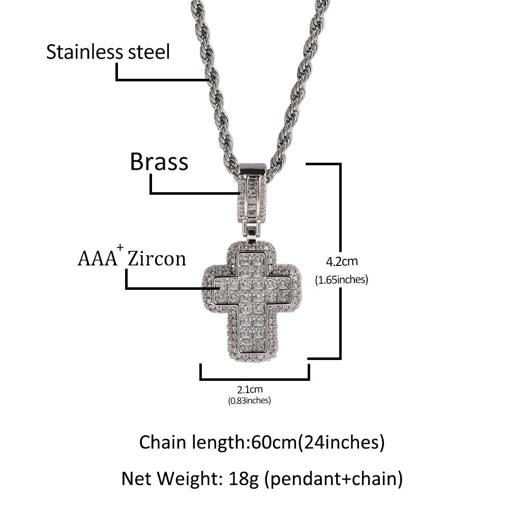 Unisex Cross Pendant Necklace with Cubic Zirconia Rope Chain - Gold Plated or Silver Plated Statement Jewelry