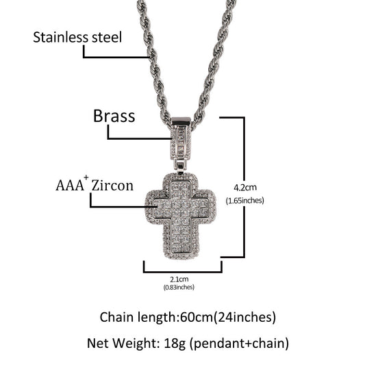 Unisex Cross Pendant Necklace with Cubic Zirconia Rope Chain - Gold Plated or Silver Plated Statement Jewelry