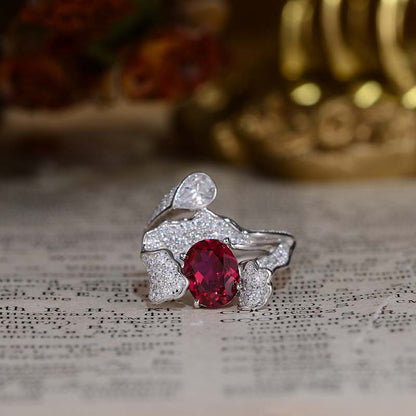Lab-Created Ruby Ring for Women, Oval Red Stone Wrap Design, 18K Gold-Plated S925 Ring