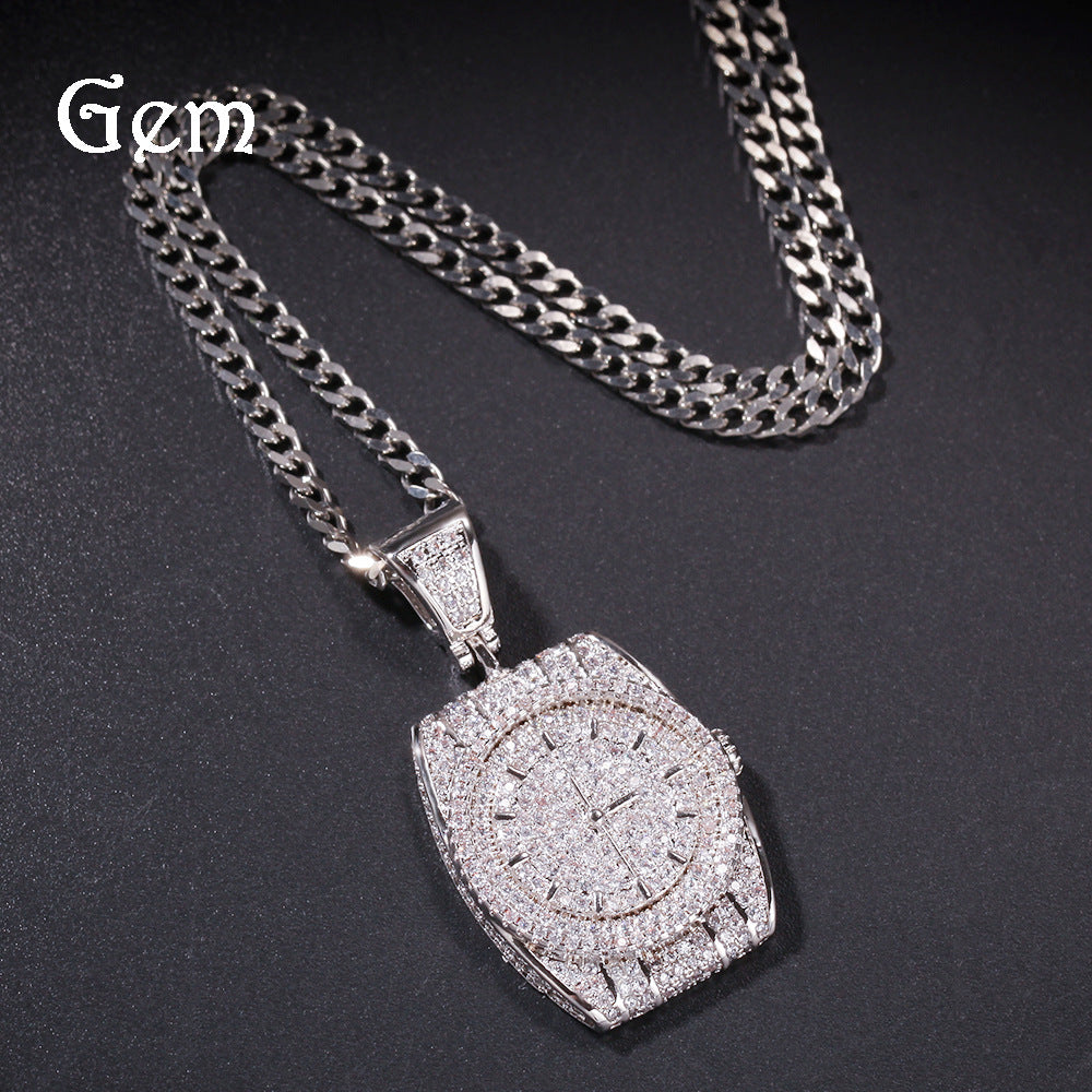 Iced Watch Pendant Necklace for Men & Women – Cubic Zirconia Square Statement Chain in Gold or Silver Tone