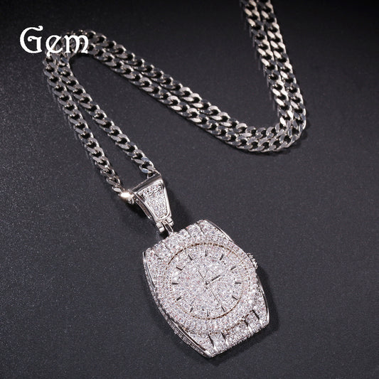 Iced Watch Pendant Necklace for Men & Women – Cubic Zirconia Square Statement Chain in Gold or Silver Tone