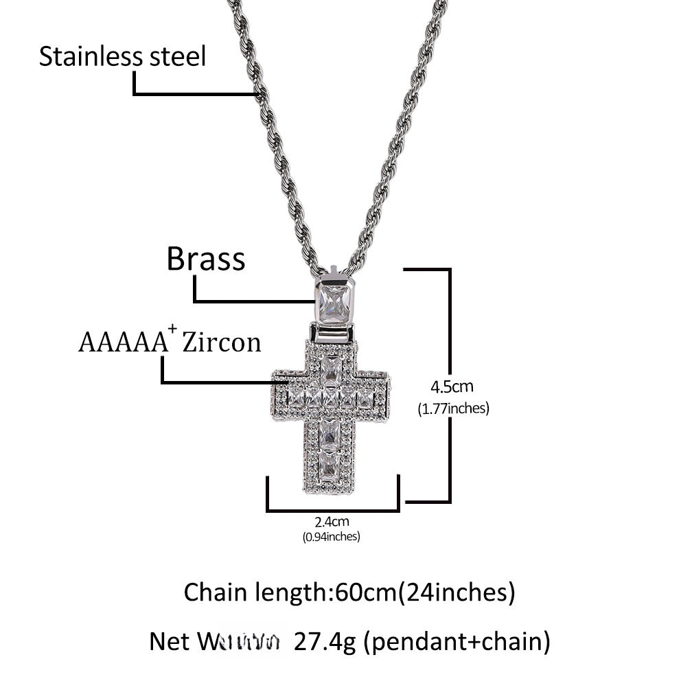 Iced Cross Pendant Necklace for Women and Men, Cubic Zirconia Copper Pendant with 24 Inch Twisted Chain, Gold Plated or Silver Plated Statement Necklace