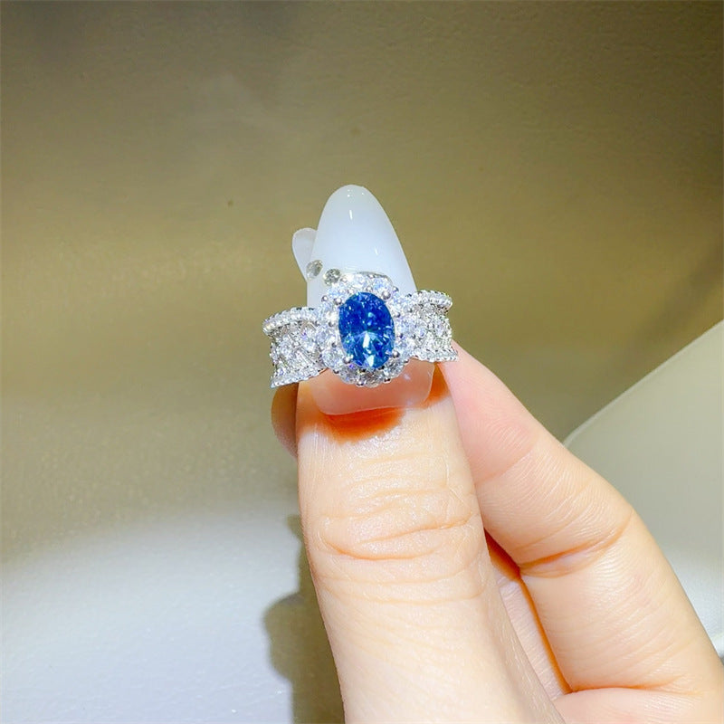 Blue Moissanite Halo Ring for Women, 1 Carat Oval Statement Engagement Ring, Geometric Pave Band product image