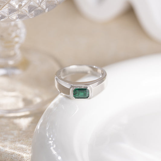 Men’s Rectangular Color Stone Ring, Silver-Tone Signet Style Ring, Green Blue Red Variant alternate product image
