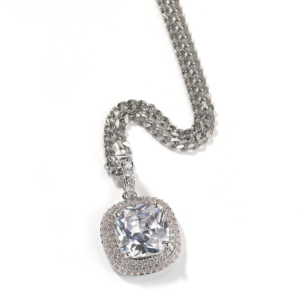 Unisex Square Cubic Zirconia Pendant Necklace with 24 Inch Twisted Chain in Silver Tone
