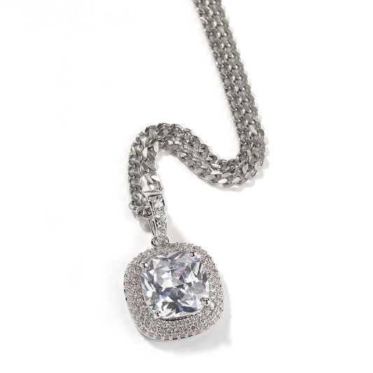 Unisex Square Cubic Zirconia Pendant Necklace with 24 Inch Twisted Chain in Silver Tone