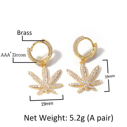 Leaf Drop Hoop Earrings with Cubic Zirconia for Women & Men - Gold, Silver, Rose Gold Statement Earrings