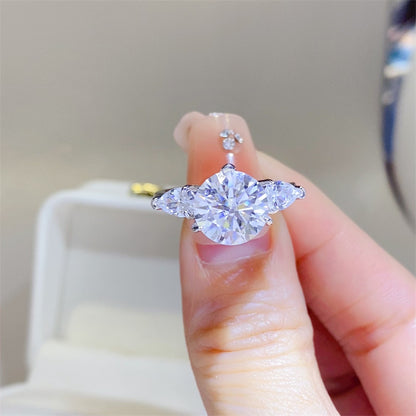 3 Carat Moissanite Ring for Women, Three-Stone Engagement Ring with Round Center and Pear Side Stones