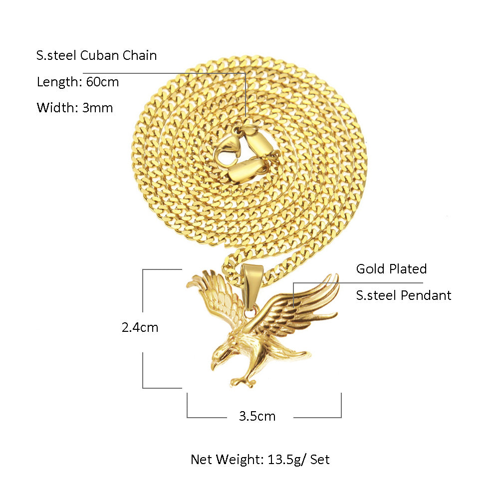 Gold Plated Stainless Steel Eagle Pendant Necklace with 3mm Cuban Chain for Women and Men