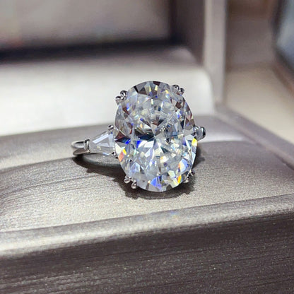 Oval Cut Moissanite Ring for Women, Large Solitaire Engagement Ring with Geometric Side Accents