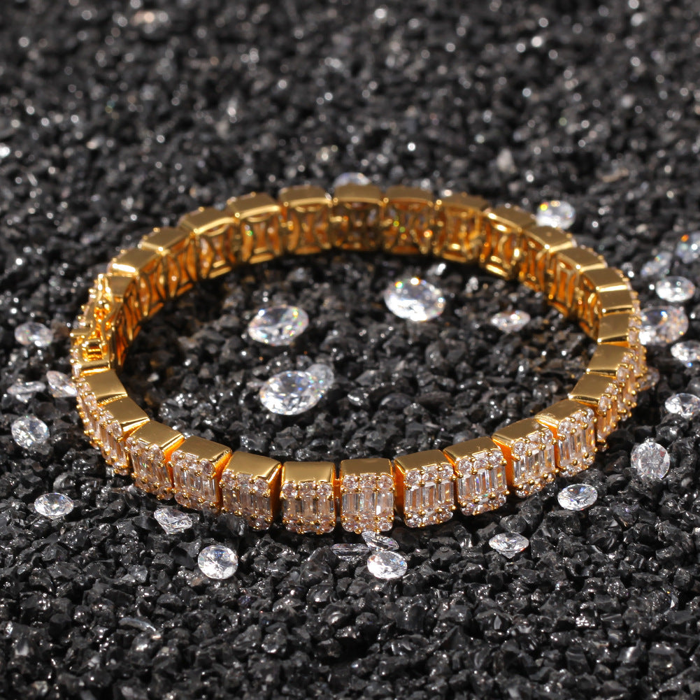 Men’s Iced Out Baguette Cut Bracelet - Gold or Silver Tone Copper Chain Bracelet, 7 Inch / 8 Inch product image
