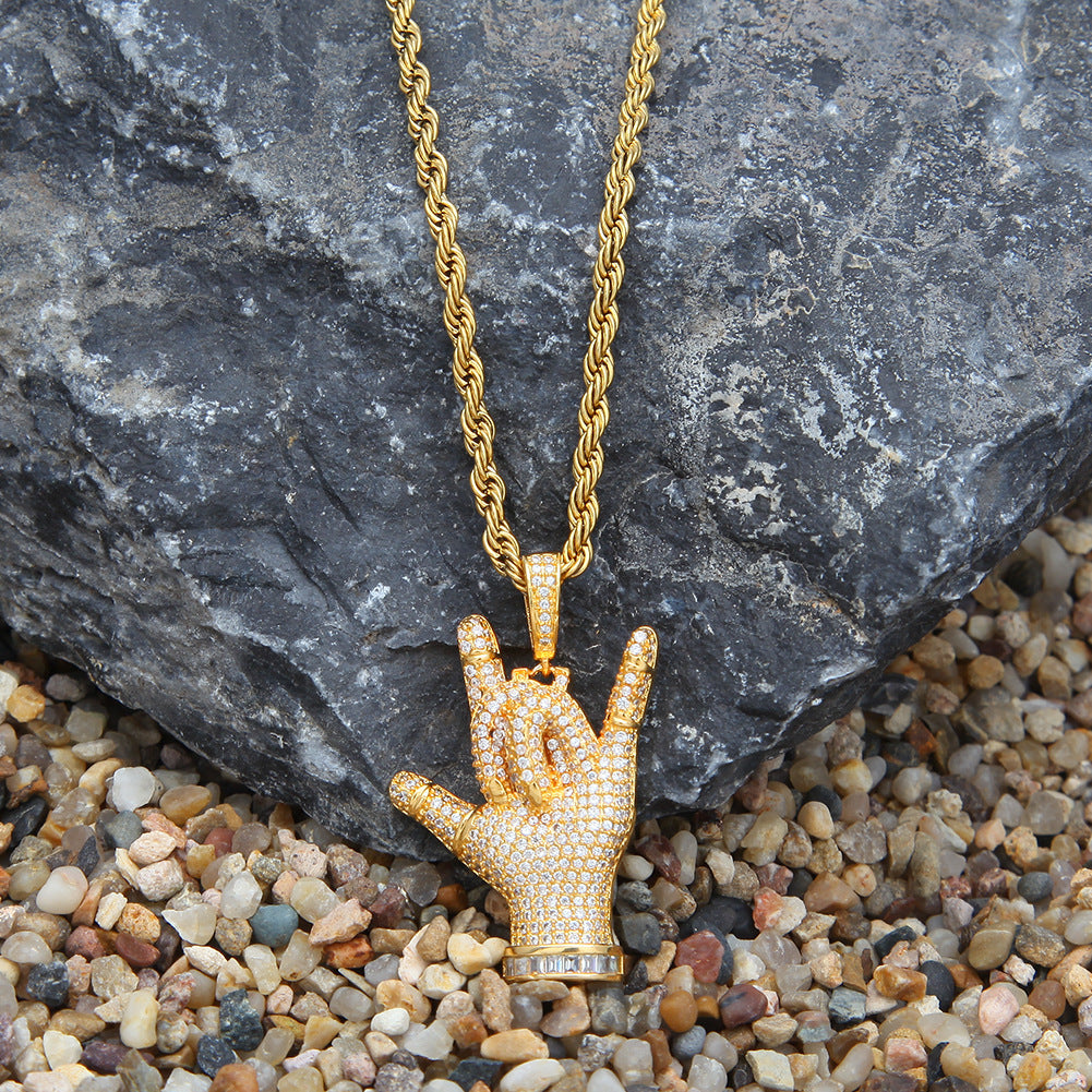 Iced Hand Gesture Pendant Necklace with Cubic Zirconia – Hip Hop Statement Chain for Women & Men
