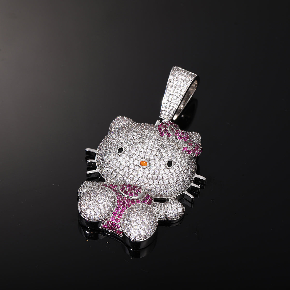 Iced Out Cartoon Cat Pendant Necklace with Cubic Zirconia in White Gold Tone product image