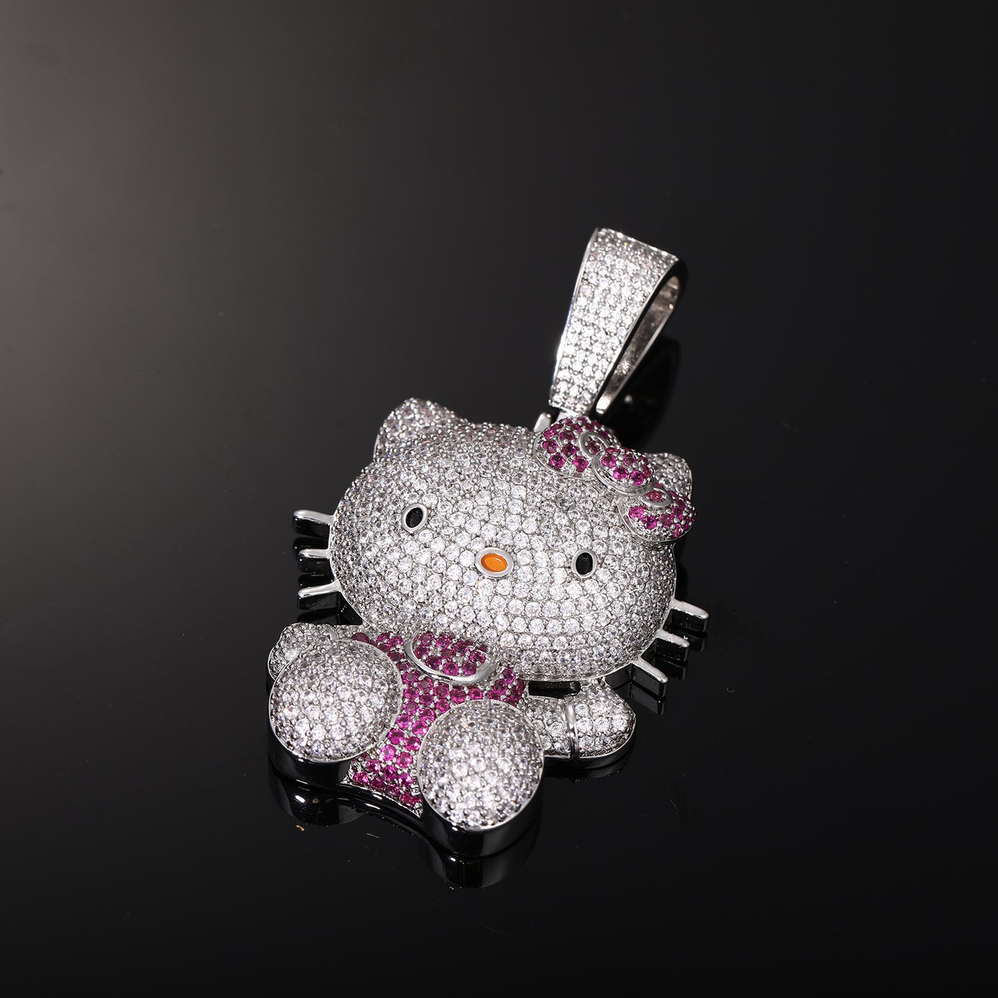 Iced Out Cartoon Cat Pendant Necklace with Cubic Zirconia in White Gold Tone product image