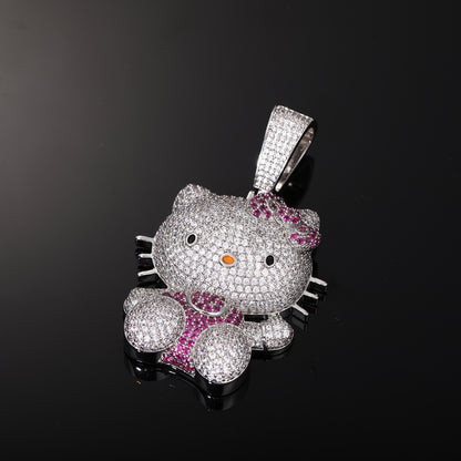 Iced Out Cartoon Cat Pendant Necklace with Cubic Zirconia in White Gold Tone
