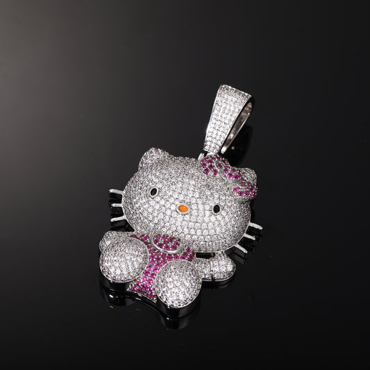 Iced Out Cartoon Cat Pendant Necklace with Cubic Zirconia in White Gold Tone alternate product image