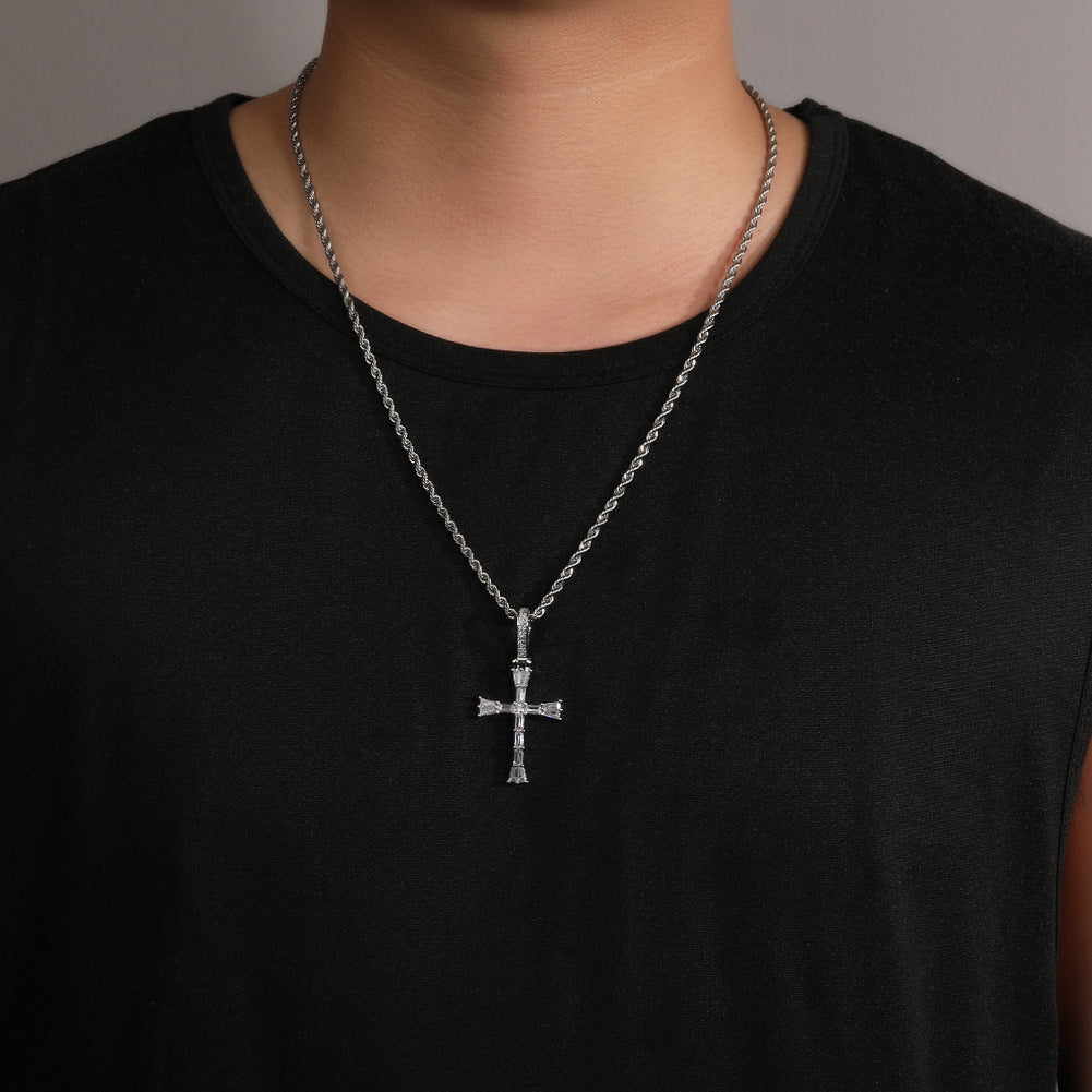 Iced Cross Pendant Necklace for Women and Men - Cubic Zirconia Statement Necklace with 24 Inch Twisted Chain in Gold or Silver Tone