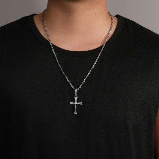 Iced Cross Pendant Necklace for Women and Men - Cubic Zirconia Statement Necklace with 24 Inch Twisted Chain in Gold or Silver Tone