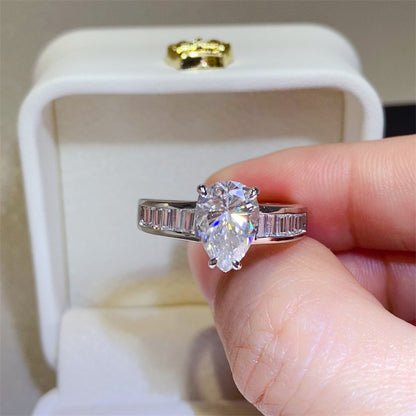 Pear Cut Moissanite Ring with Baguette Band, 18K Gold D Color Style Ring for Women