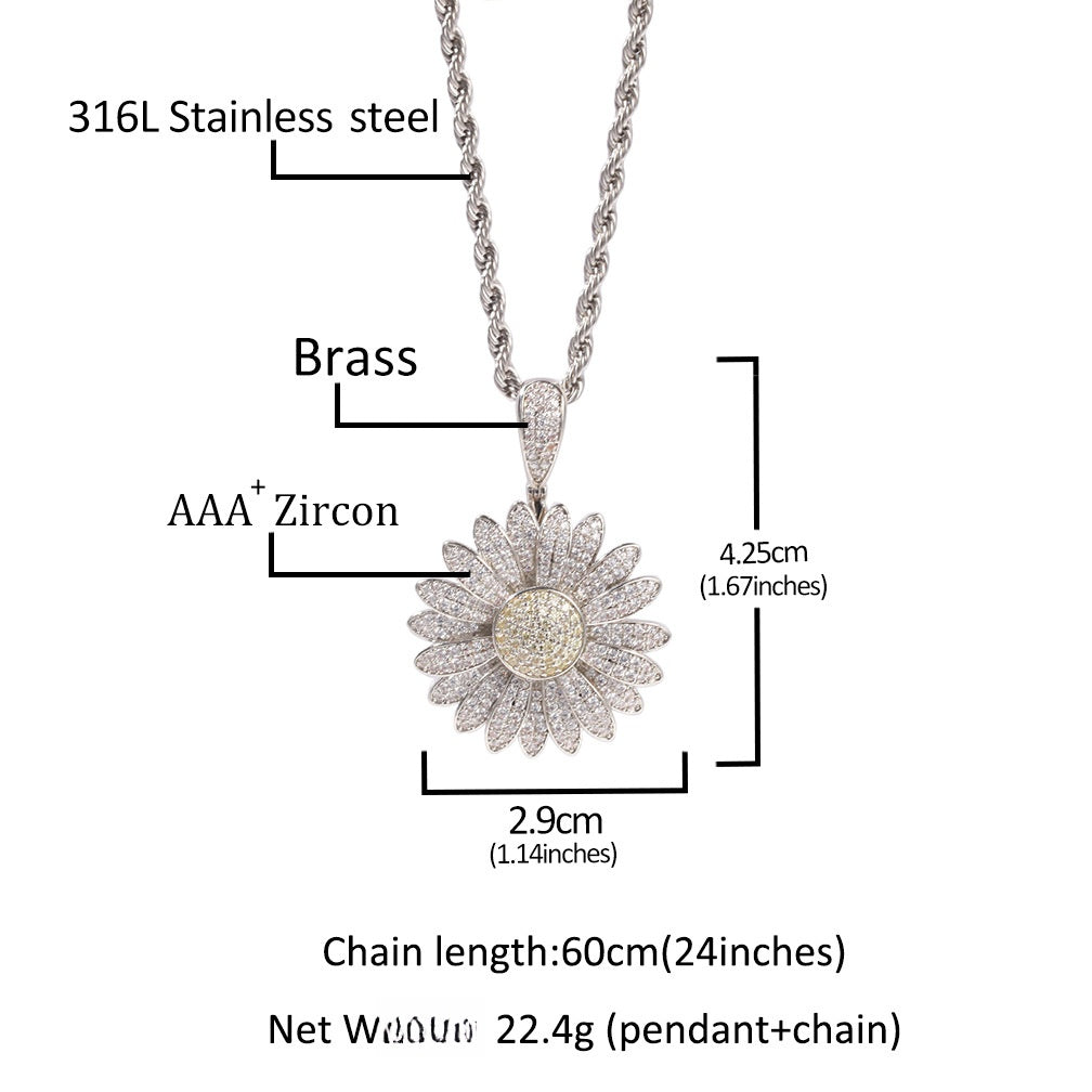 Sunflower Cubic Zirconia Pendant Necklace for Women – Hip Hop Statement Chain in Silver or Gold Tone, 24 Inch Twist or 3mm Cuban Chain