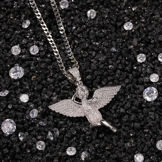 Iced Angel Pendant Necklace with Cuban Chain - Gold Plated or Silver Plated Cubic Zirconia Statement Chain
