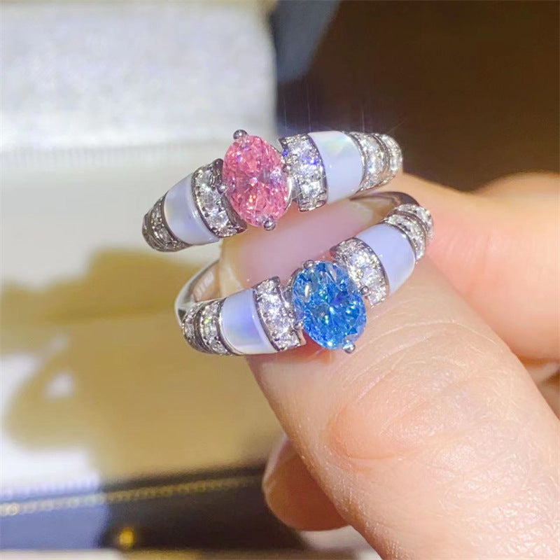Oval Moissanite Ring for Women with Mother-of-Pearl Inlay, Pink or Blue 1 Carat Look, Pavé Accent Band product image