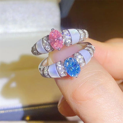 Oval Moissanite Ring for Women with Mother-of-Pearl Inlay, Pink or Blue 1 Carat Look, Pavé Accent Band