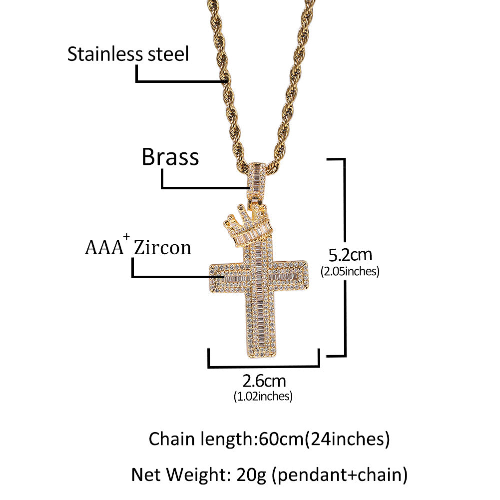 Iced Out Cross Pendant Necklace with Crown Detail for Men & Women - Cubic Zirconia Statement Chain in Gold or Silver