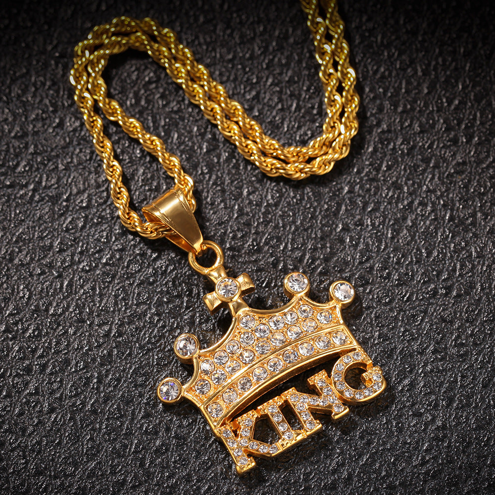 King Crown Letter Pendant Necklace for Men & Women – Gold Plated or Silver Plated Stainless Steel Chain Necklace with Cubic Zirconia