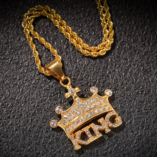 King Crown Letter Pendant Necklace for Men & Women – Gold Plated or Silver Plated Stainless Steel Chain Necklace with Cubic Zirconia