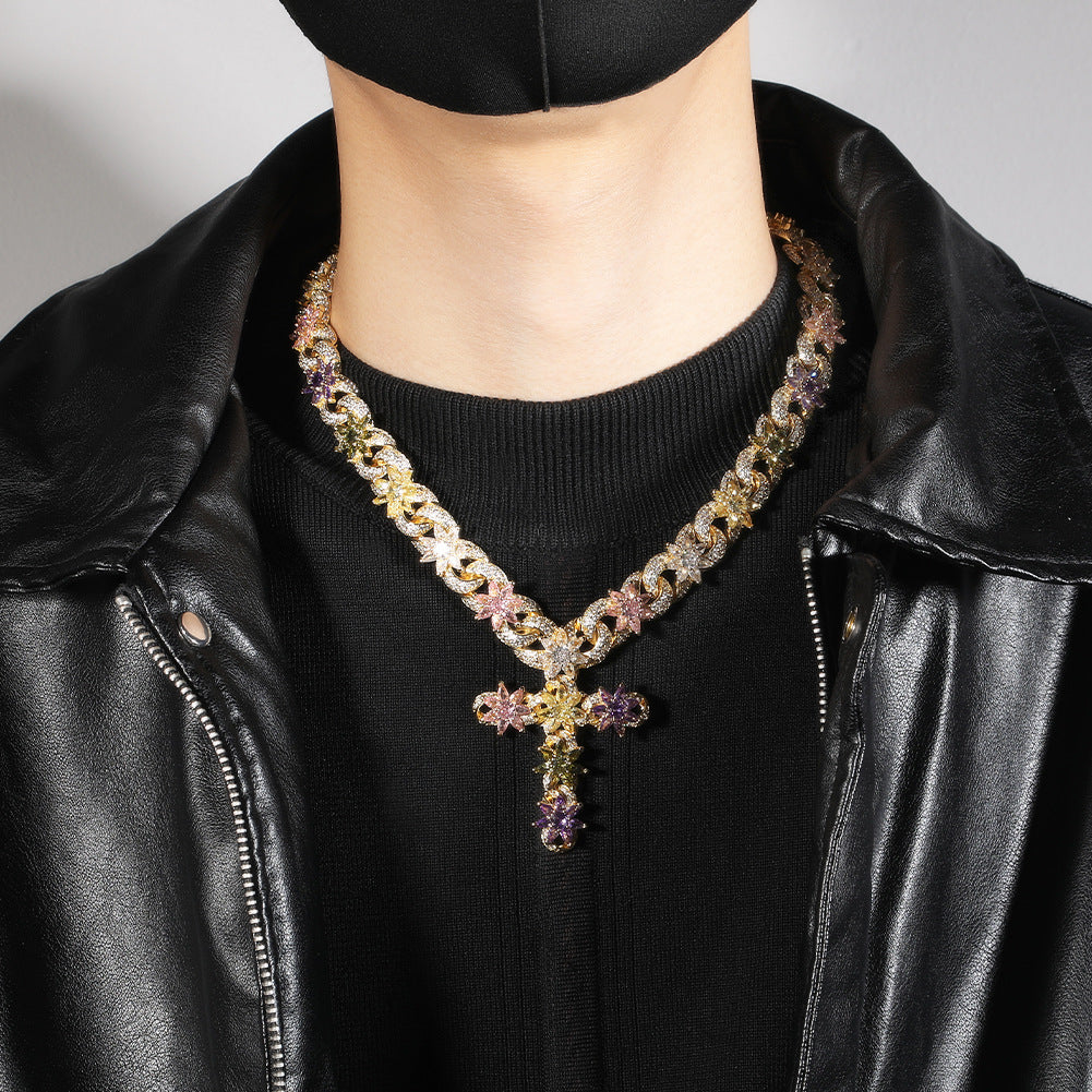 Iced Floral Cross Pendant Necklace with Cubic Zirconia Chain for Women & Men
