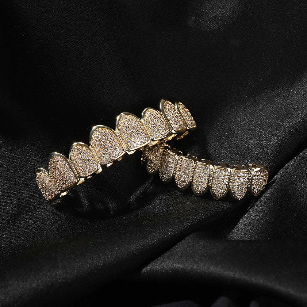 Gold & Silver Full Cubic Zirconia Hip Hop Grillz Set for Top and Bottom Teeth Statement Jewelry