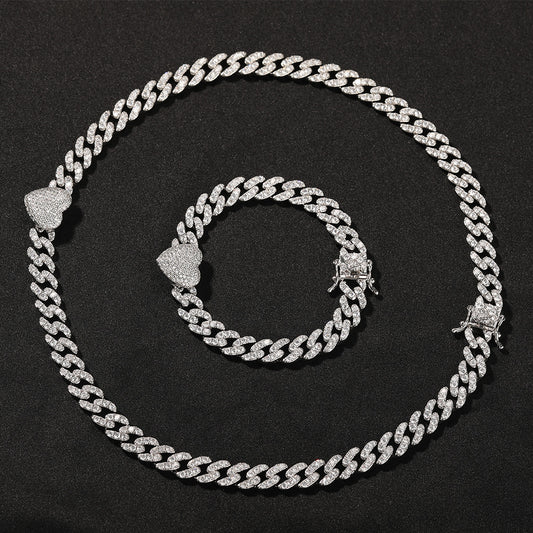 Men’s Iced Cuban Link Bracelet and Necklace Set with Cubic Zirconia, Gold Silver Rose Gold Chain Jewelry Set